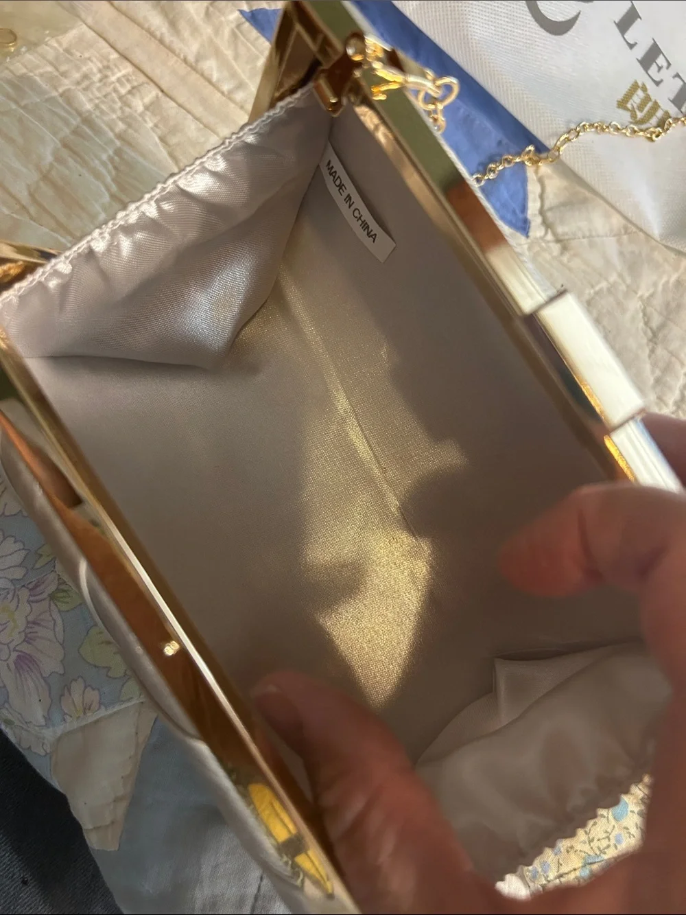 Silver Satin Woven Evening Clutch with Chain